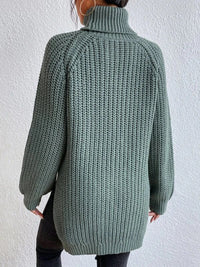 Long Sleeves Loose Solid Color Split Side High Neck Pullovers Sweater Tops