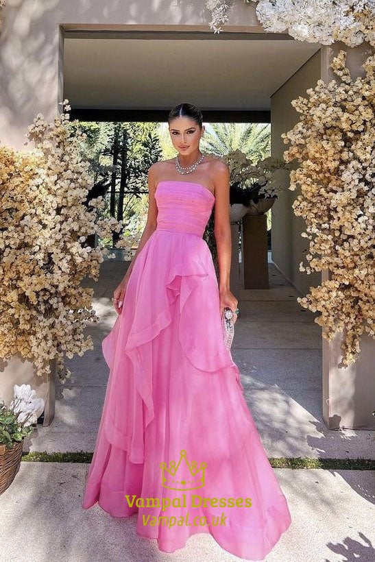 Hot Pink A-Line Strapless Ruched Bodice Long Tulle Evening Dresses