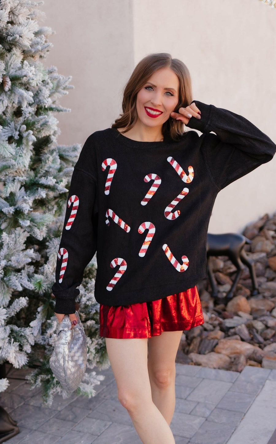 Sequin Candy Cane Round Neck Sweatshirt