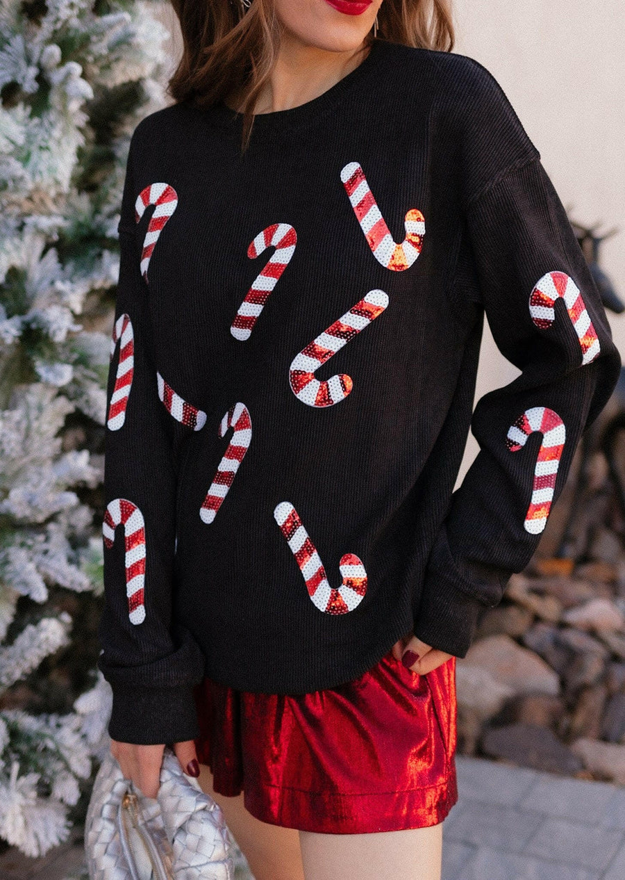Sequin Candy Cane Round Neck Sweatshirt