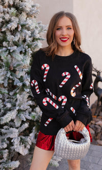 Sequin Candy Cane Round Neck Sweatshirt