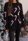 Sequin Candy Cane Round Neck Sweatshirt