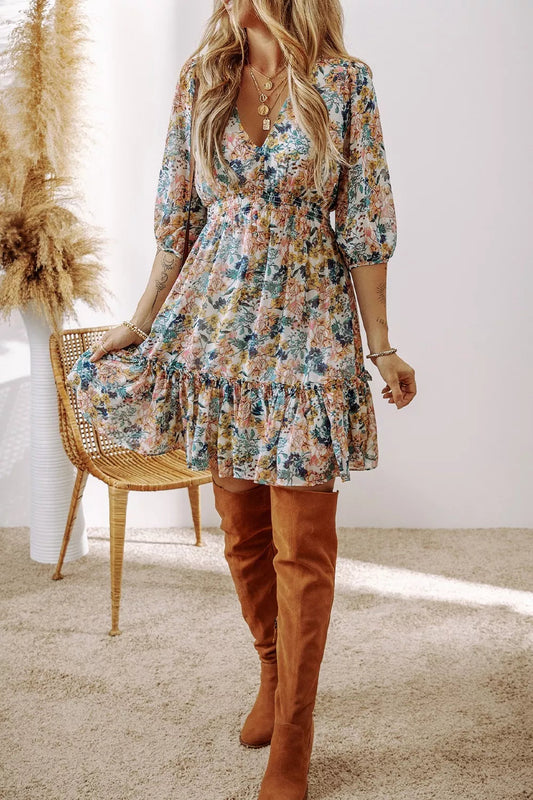 Floral Print Ruffle Hem Mini Dress