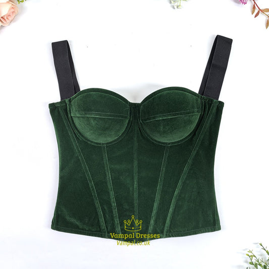 Green Velvet French Bone Corset Overbust With Bra Cups Crop Top