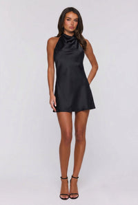 Power Walk Satin Halter Mini Dress Black