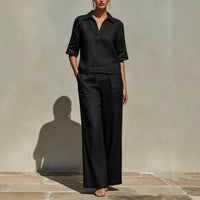 Women's Linen Blend Collared Top and Wide-Leg Trousers Set