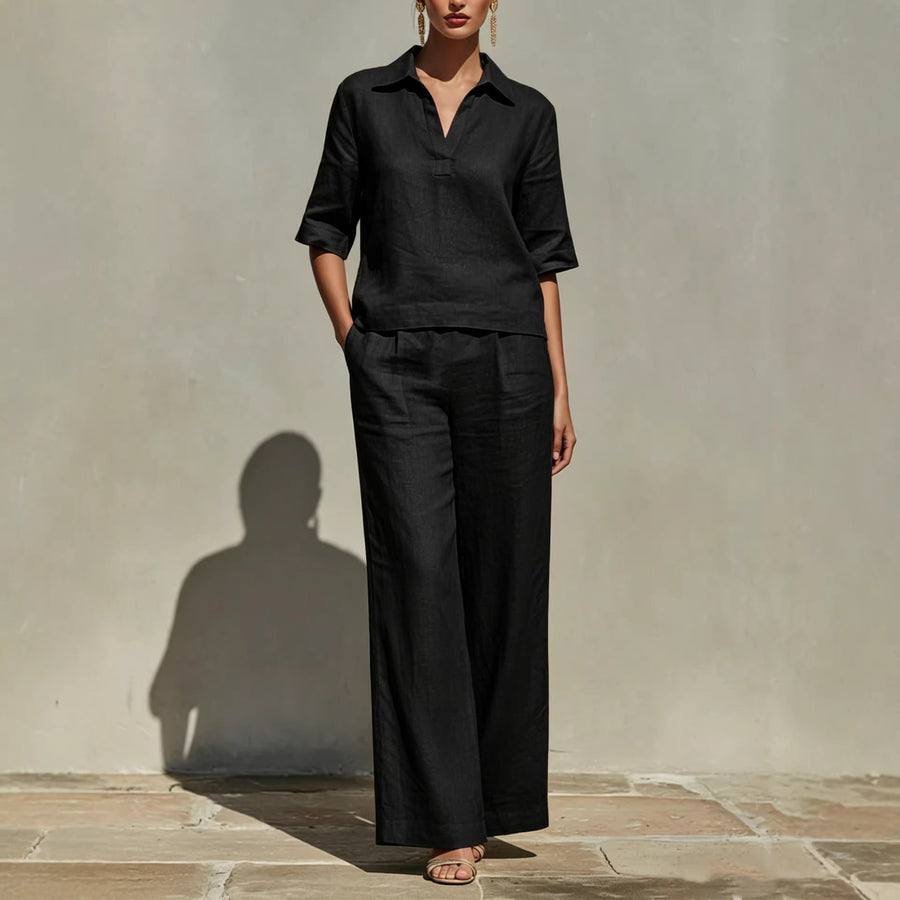 Women's Linen Blend Collared Top and Wide-Leg Trousers Set