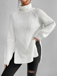 Long Sleeves Loose Solid Color Split Side High Neck Pullovers Sweater Tops