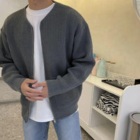 Men's Long Sleeve Crew Neck Zip-Up Ribbed Knit Cardigan with Pockets