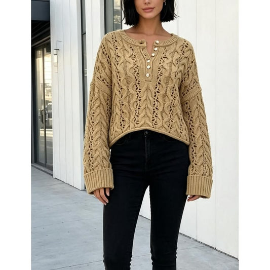 Yesfashion Women’s Cable Knit Henley Sweater Loose Long Sleeve Solid Pullover