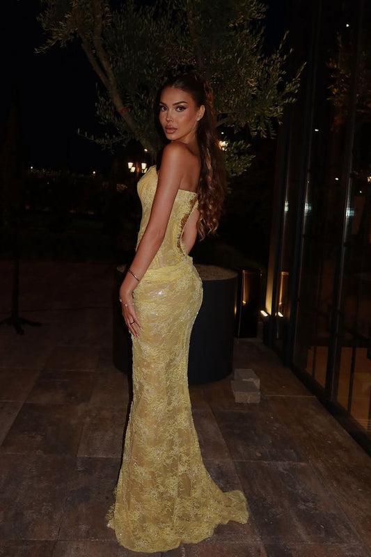Dreamy Daffodil Sweetheart Strapless Sleeveless Lace Prom Dress Mermaid Side Split With Lace-Up Back Formal Party Gown For Women HZ0311
