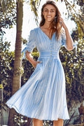 Blue and White Stripe Print Buttoned Midi Dress