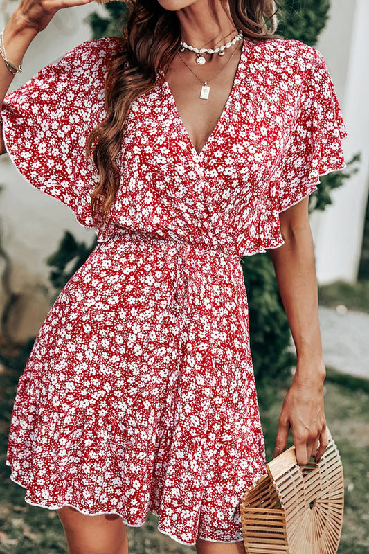 Luciana V-neck Flared Sleeve Ditsy A-shape Dress