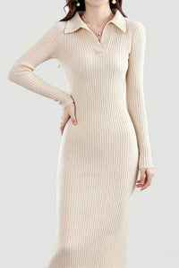 100% Wool Long Sleeve Ribbed Polo Midi Sweater Dress