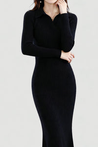 100% Wool Long Sleeve Ribbed Polo Midi Sweater Dress
