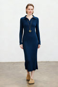 Wool Long Sleeve Ribbed Polo Midi Sweater Dress