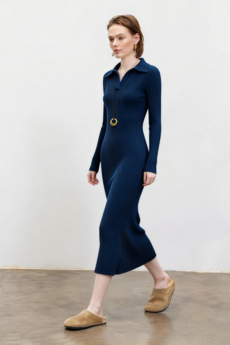 100% Wool Long Sleeve Ribbed Polo Midi Sweater Dress
