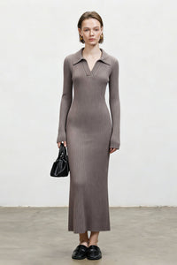 100% Wool Long Sleeve Ribbed Polo Midi Sweater Dress