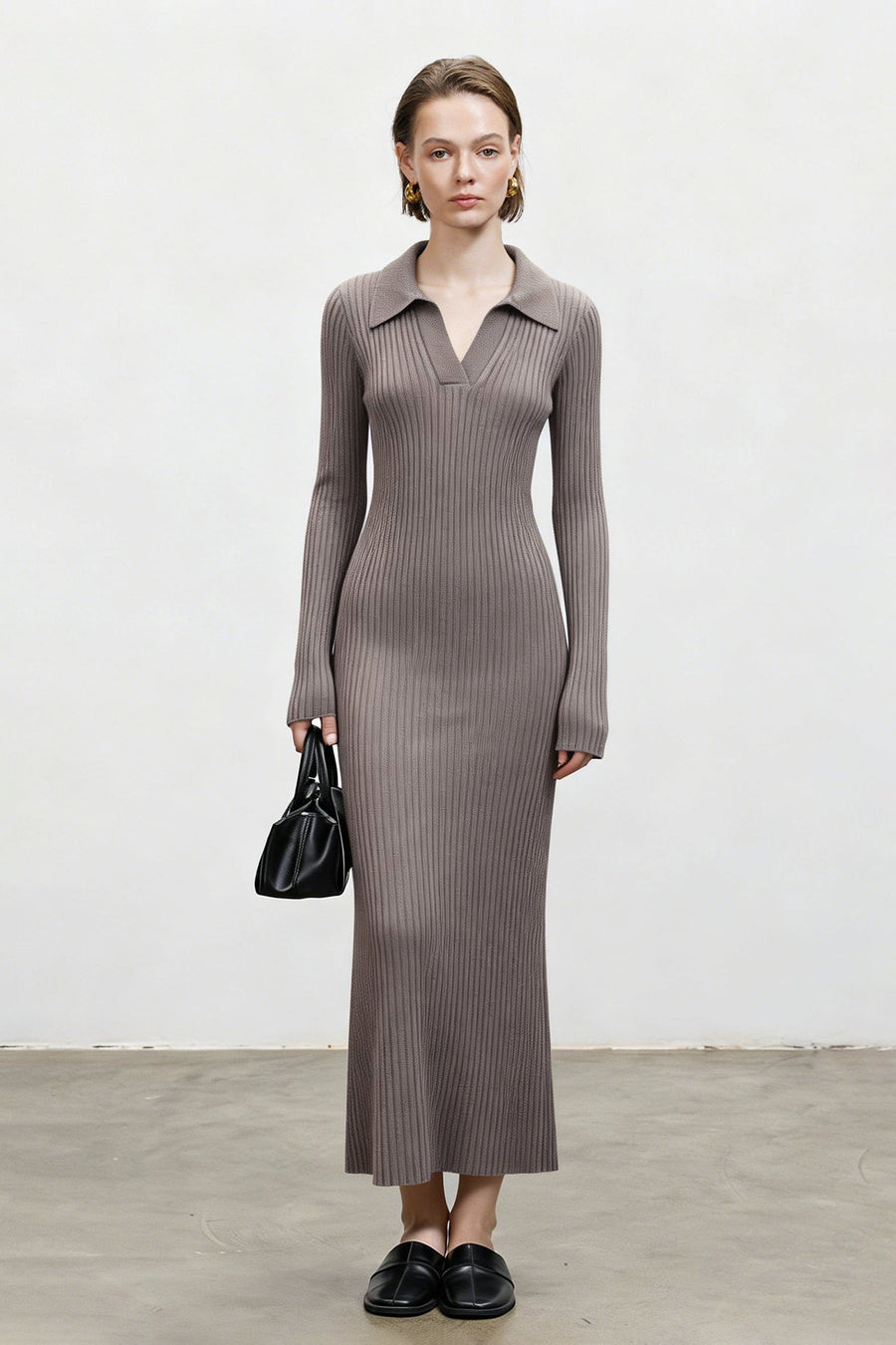 100% Wool Long Sleeve Ribbed Polo Midi Sweater Dress