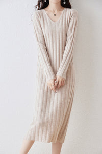 100% Merino Wool Long Sleeve Wide Rib Midi Sweater Dress