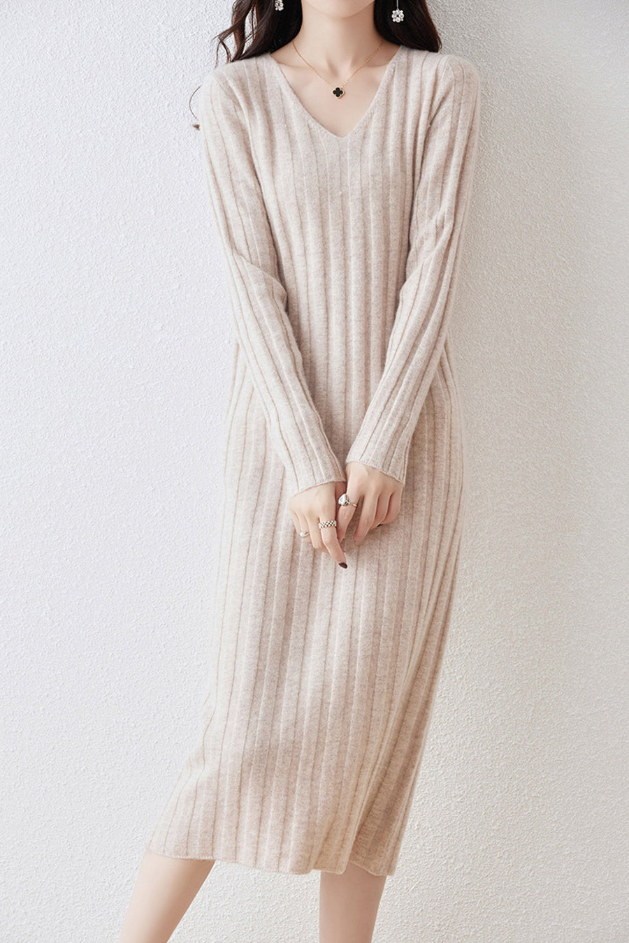100% Merino Wool Long Sleeve Wide Rib Midi Sweater Dress
