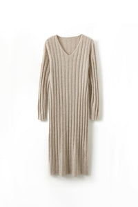 100% Merino Wool Long Sleeve Wide Rib Midi Sweater Dress