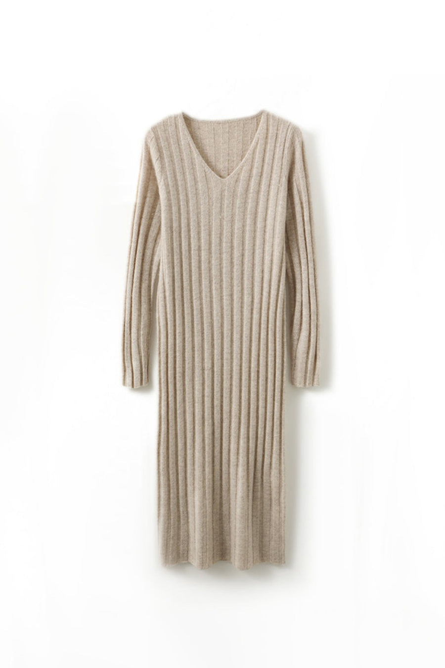 100% Merino Wool Long Sleeve Wide Rib Midi Sweater Dress