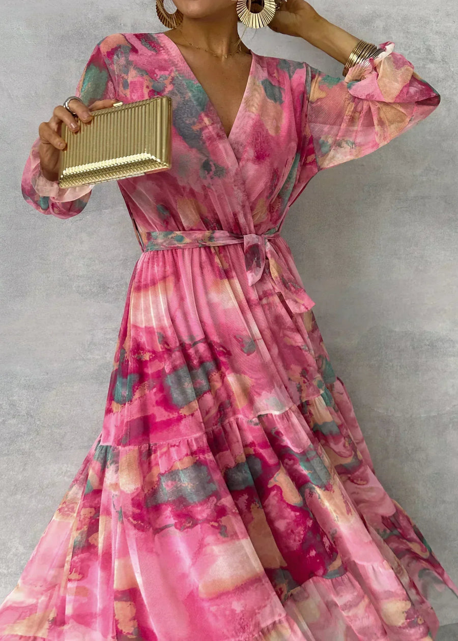 Women's Maxi Dress - Abstract Floral Wrap Long Sleeve Tiered