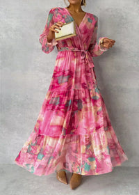 Women's Maxi Dress - Abstract Floral Wrap Long Sleeve Tiered