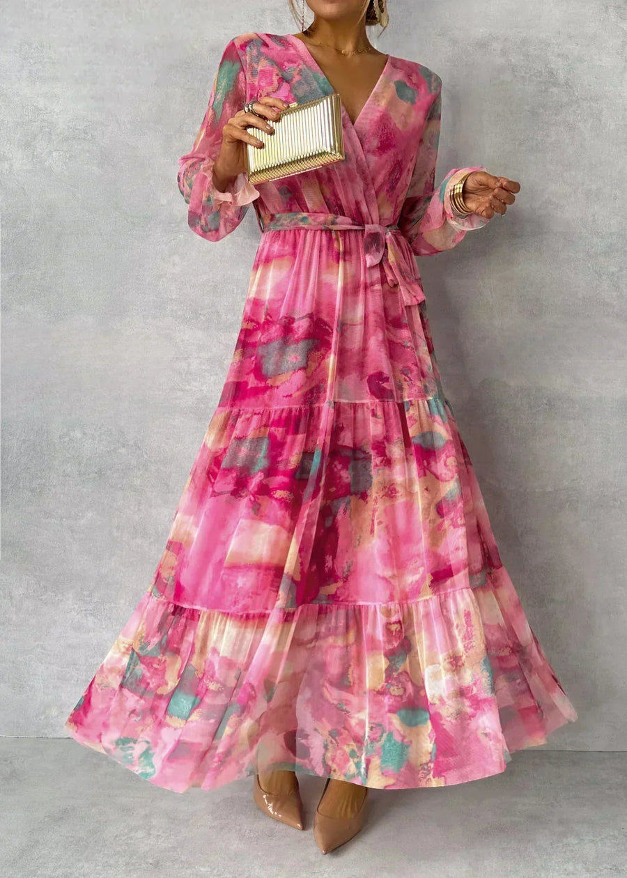 Women's Maxi Dress - Abstract Floral Wrap Long Sleeve Tiered