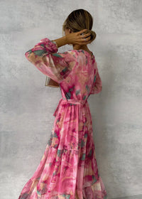 Stinna | Women's Flowing Pleated Floral Belted Maxi Dress