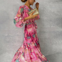 Women's Maxi Dress - Abstract Floral Wrap Long Sleeve Tiered