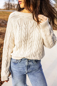 Drop Shoulder Round Neck Cable Knit Sweater