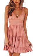 Summer Dresses for Women V-Neck Spaghetti Strap Bowknot Backless Sleeveless Lace Mini