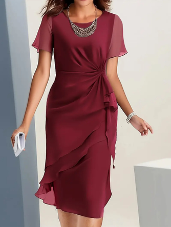 Women Plain Short Sleeve Crew Neck Dress Daily Elegant Midi H-Line Summer Dress