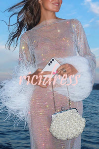 Night Surprise Rhinestone Fabric Feather Sleeve Party Mini Dress