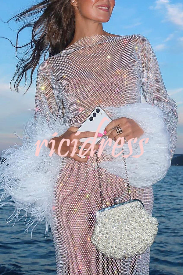 Night Surprise Rhinestone Fabric Feather Sleeve Party Mini Dress