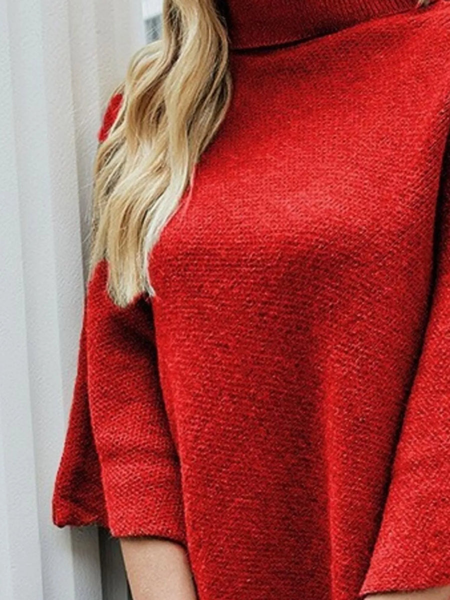 Button Decor Turtleneck Poncho Pullover