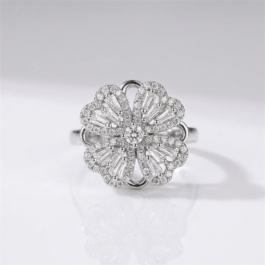 Baguette Zirconia Rotating Flower Ring - (Adjustable) in Silver