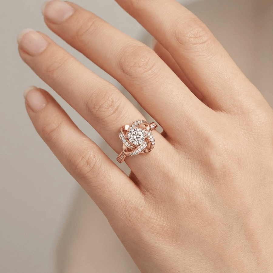 Rose Gold Zirconia Twisted Knot Ring - (Adjustable)