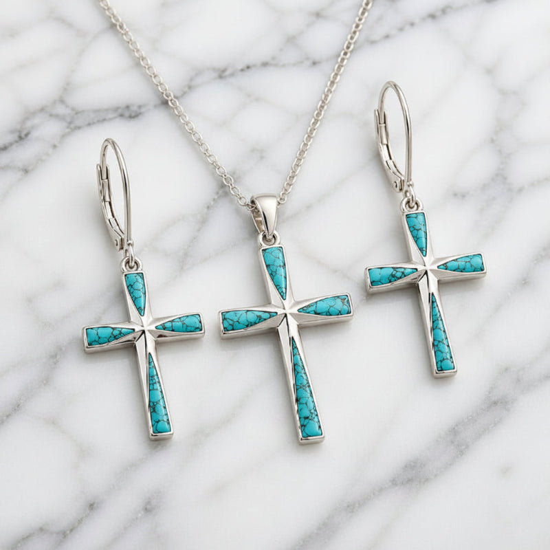 Turquoise Cross Earrings & Necklace Set