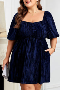 Velvet Ruched Bust Square Neck Short Puff Sleeve Dress 2X 100%Polyester