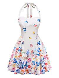 Yellow 1950s Floral Halter Tie Neck Swing Mini Dress