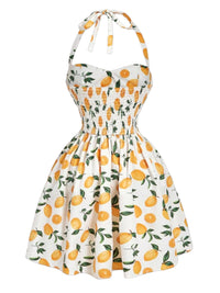 Yellow 1950s Floral Halter Tie Neck Swing Mini Dress