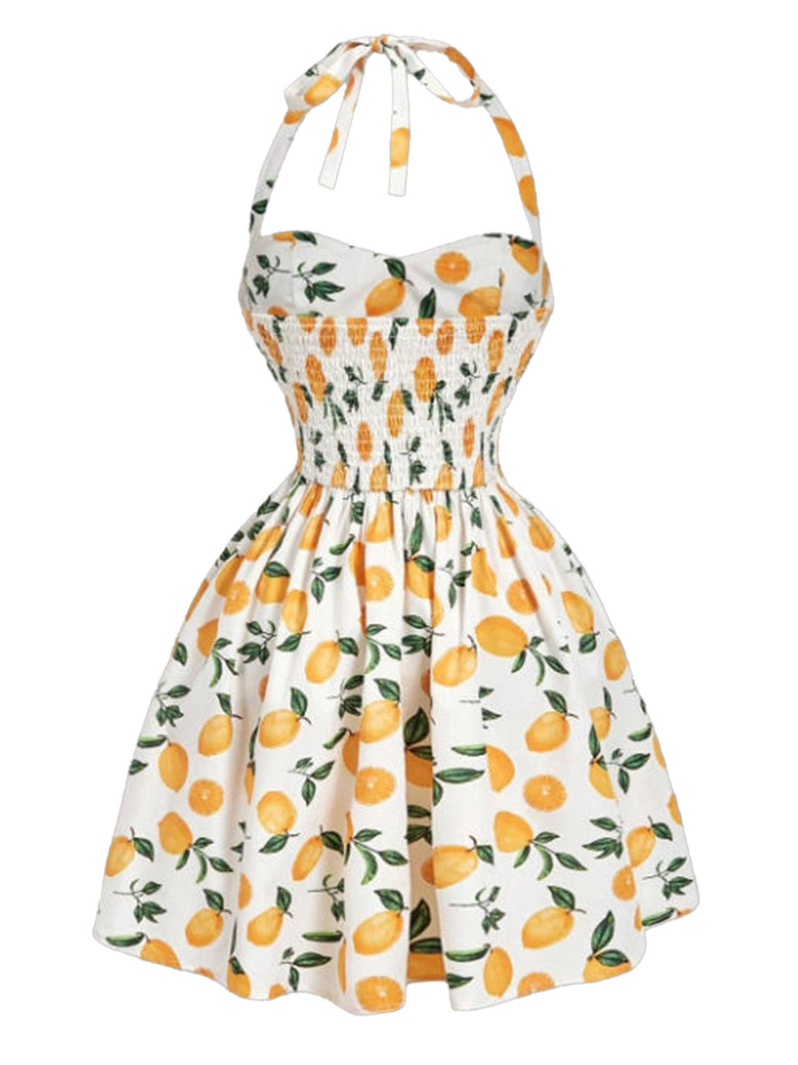 Yellow 1950s Floral Halter Tie Neck Swing Mini Dress