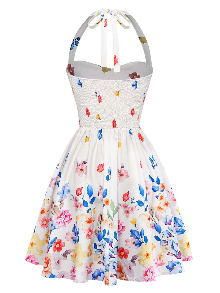 Yellow 1950s Floral Halter Tie Neck Swing Mini Dress