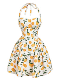 Yellow 1950s Floral Halter Tie Neck Swing Mini Dress