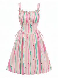 1950s Ruffled Square Neck Sleeveless Floral Print Swing Dress
