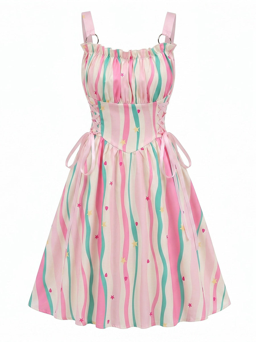 1950s Ruffled Square Neck Sleeveless Floral Print Swing Dress