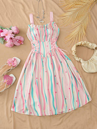 1950s Ruffled Square Neck Sleeveless Floral Print Swing Dress